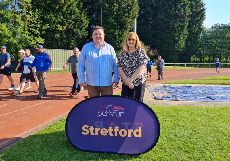 Andrew at Stretford Parkrun, with Councillor Karina Carter - Executive Member for Children & Young People.