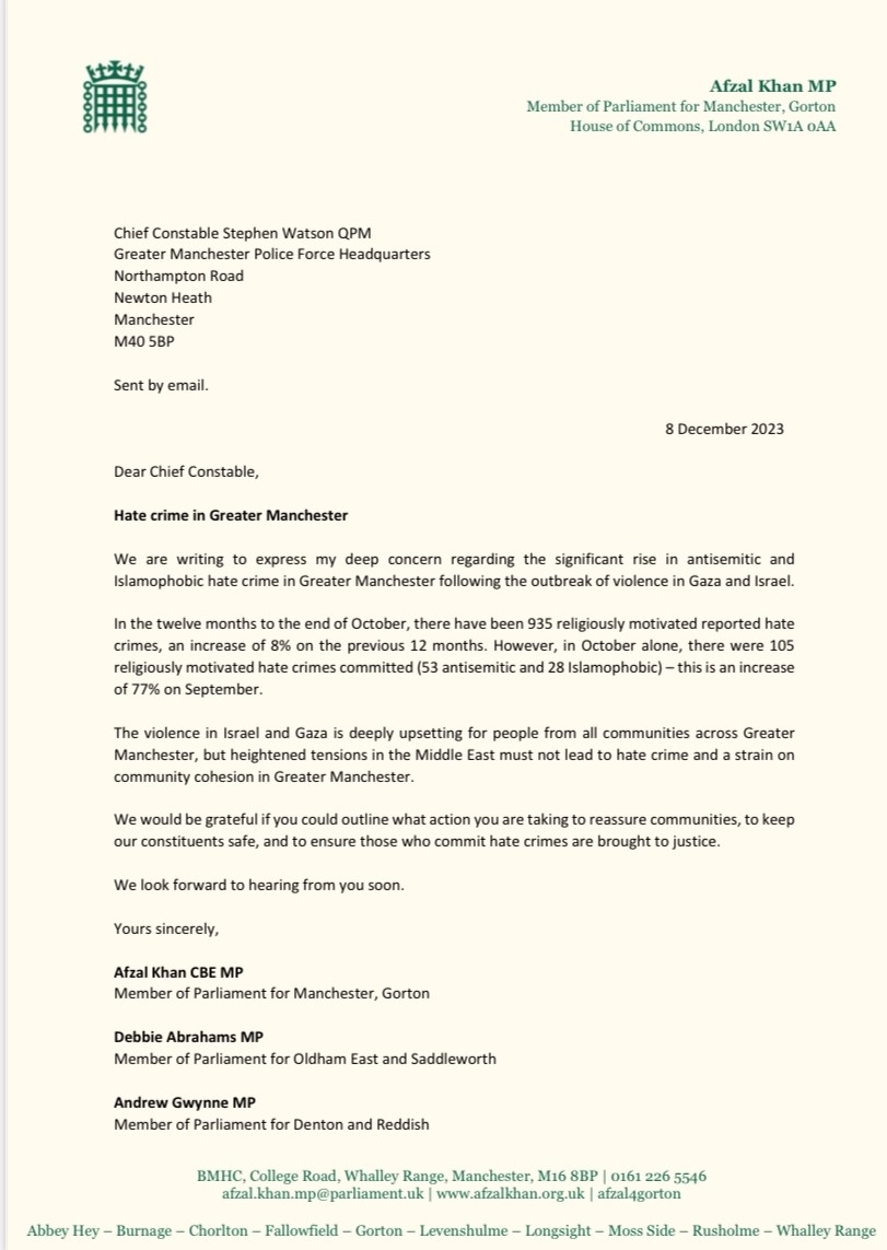 A letter to the Chief Constable of the Greater Manchester Police Force about hate crime. Page 1/2.