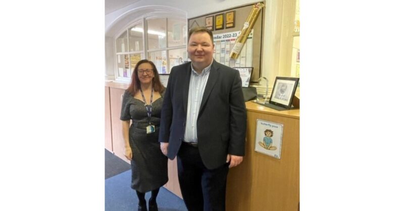 Andrew and headteacher Mrs Bates - at Gorse Hill Primary School,